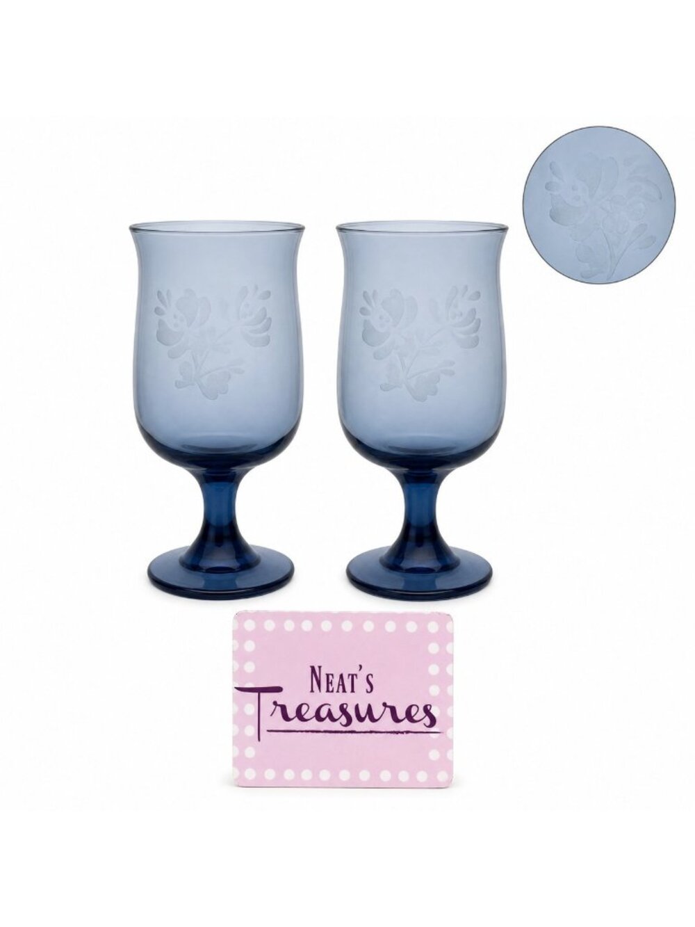 Pfaltzgraff YORKTOWNE Blue Glass White Floral 12 oz Goblet Stemmed Glass Set 2